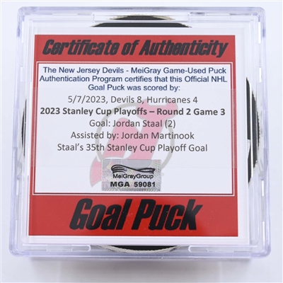 Jordan Staal - Carolina Hurricanes - Goal Puck - May 7, 2023 vs. New Jersey Devils - 2023 Stanley Cup Playoffs - Round 2, Game 3 (Devils' 40th Anniversary Logo) 