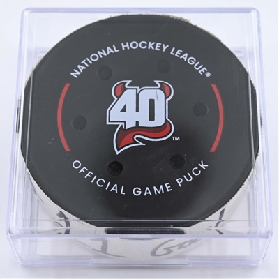 Jordan Staal - Carolina Hurricanes - Goal Puck - May 7, 2023 vs. New Jersey Devils - 2023 Stanley Cup Playoffs - Round 2, Game 3 (Devils' 40th Anniversary Logo) 