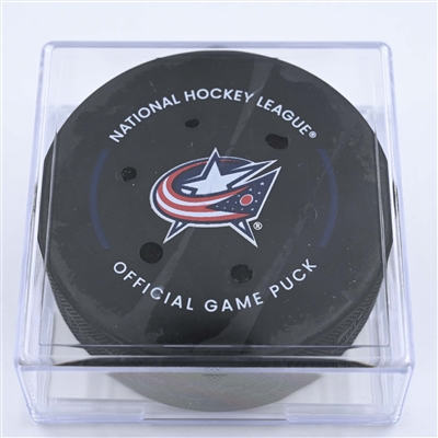Michael Stone - Calgary Flames - Goal Puck - December 9, 2022 vs. Columbus Blue Jackets (Blue Jackets Logo) 