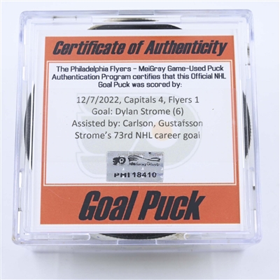 Dylan Strome - Washington Capitals - Goal Puck - December 7, 2022 vs. Philadelphia Flyers (Flyers Logo) 