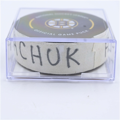 Matthew Tkachuk - Florida Panthers - Goal Puck - April 17, 2023 vs. Boston Bruins - 2023 Stanley Cup Playoffs - Round 1, Game 1 (Bruins Logo)