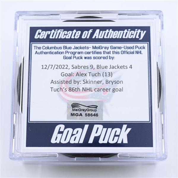 Alex Tuch - Buffalo Sabres - Goal Puck - December 7, 2022 vs. Columbus Blue Jackets (Blue Jackets Logo) 