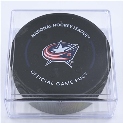 Alex Tuch - Buffalo Sabres - Goal Puck - December 7, 2022 vs. Columbus Blue Jackets (Blue Jackets Logo) 