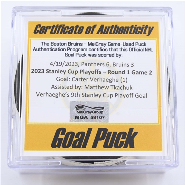 Carter Verhaeghe - Florida Panthers - Goal Puck - April 19, 2023 vs. Boston Bruins - 2023 Stanley Cup Playoffs - Round 1, Game 2 (Bruins Logo)