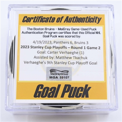 Carter Verhaeghe - Florida Panthers - Goal Puck - April 19, 2023 vs. Boston Bruins - 2023 Stanley Cup Playoffs - Round 1, Game 2 (Bruins Logo)