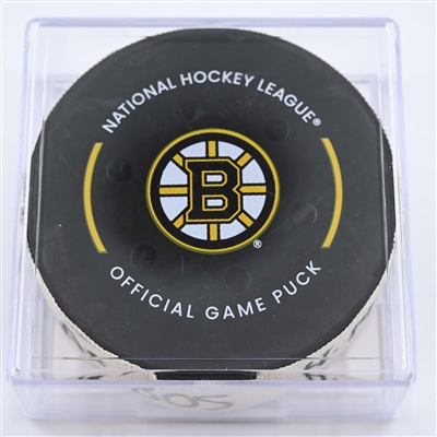 Carter Verhaeghe - Florida Panthers - Goal Puck - April 19, 2023 vs. Boston Bruins - 2023 Stanley Cup Playoffs - Round 1, Game 2 (Bruins Logo)