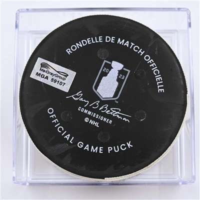 Carter Verhaeghe - Florida Panthers - Goal Puck - April 19, 2023 vs. Boston Bruins - 2023 Stanley Cup Playoffs - Round 1, Game 2 (Bruins Logo)