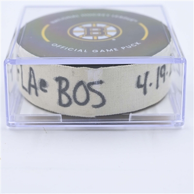 Carter Verhaeghe - Florida Panthers - Goal Puck - April 19, 2023 vs. Boston Bruins - 2023 Stanley Cup Playoffs - Round 1, Game 2 (Bruins Logo)