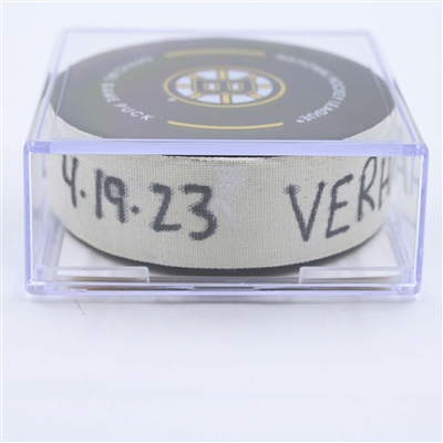 Carter Verhaeghe - Florida Panthers - Goal Puck - April 19, 2023 vs. Boston Bruins - 2023 Stanley Cup Playoffs - Round 1, Game 2 (Bruins Logo)