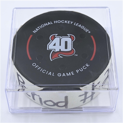 Oliver Wahlstrom - New York Islanders - Goal Puck - December 9, 2022 vs. New Jersey Devils (Devils' 40th Anniversary Logo) 