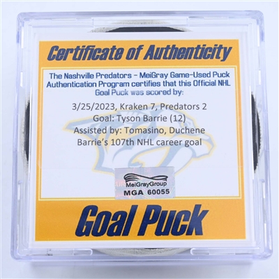 Tyson Barrie - Nashville Predators - Goal Puck - March 25, 2023 vs. Seattle Kraken (Predators Logo)