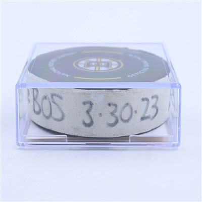 Tyler Bertuzzi - Boston Bruins - Goal Puck - March 30, 2023 vs. Columbus Blue Jackets (Bruins Logo)