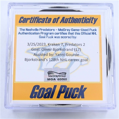 Oliver Bjorkstrand - Seattle Kraken - Goal Puck - March 25, 2023 vs. Nashville Predators (Predators Logo)