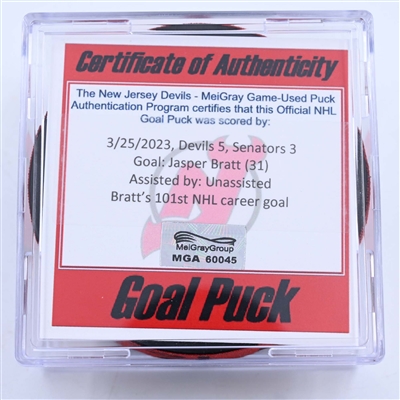 Jesper Bratt - New Jersey Devils - Goal Puck - March 25, 2023 vs. Ottawa Senators (Devils 40th Anniversary Logo)