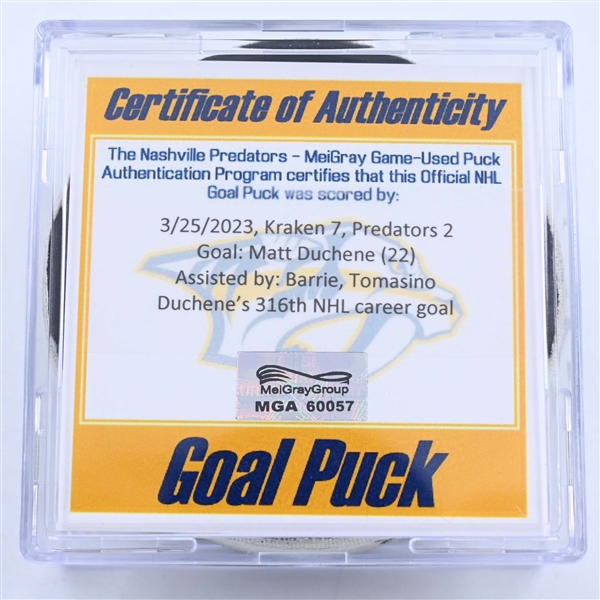 Matt Duchene - Nashville Predators - Goal Puck - March 25, 2023 vs. Seattle Kraken (Predators Logo)