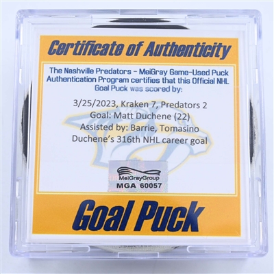 Matt Duchene - Nashville Predators - Goal Puck - March 25, 2023 vs. Seattle Kraken (Predators Logo)