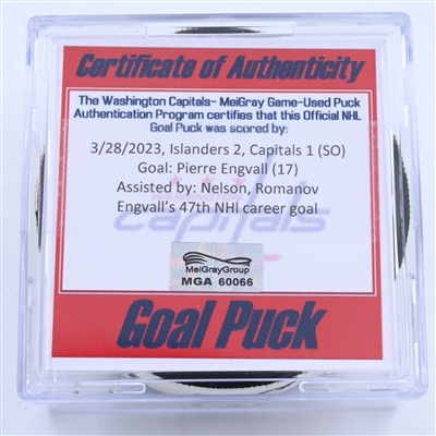 Pierre Engvall - New York Islanders - Goal Puck - March 28, 2023 vs. Washington Capitals (Capitals Logo)