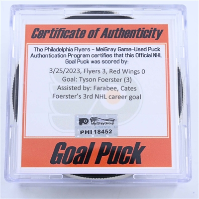 Tyson Foerster - Philadelphia Flyers - Goal Puck - March 25, 2023 vs. Detroit Red Wings (Flyers Logo)