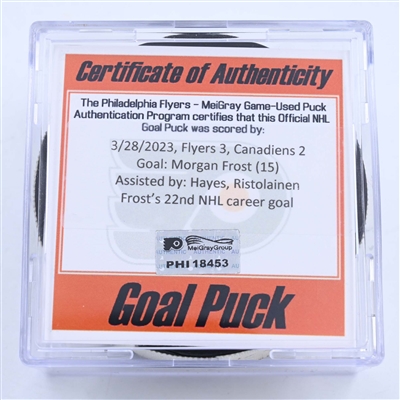 Morgan Frost - Philadelphia Flyers - Goal Puck - March 28, 2023 vs. Montreal Canadiens (Flyers Logo)