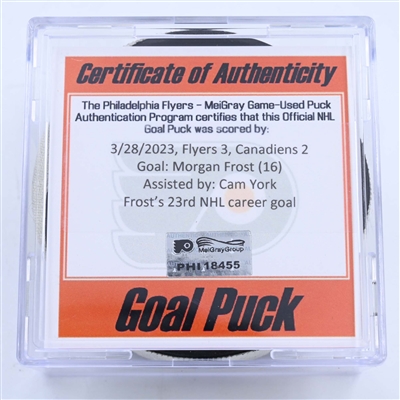 Morgan Frost - Philadelphia Flyers - Goal Puck - March 28, 2023 vs. Montreal Canadiens (Flyers Logo)