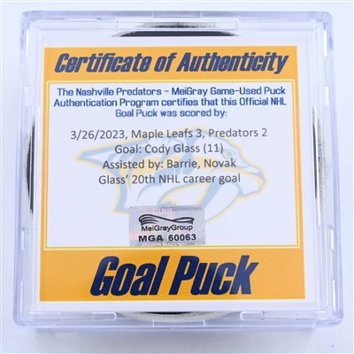Cody Glass - Nashville Predators - Goal Puck - March 26, 2023 vs. Toronto Maple Leafs (Predators Logo)