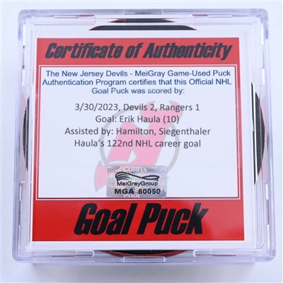Erik Haula - New Jersey Devils - Goal Puck - March 30, 2023 vs. New York Rangers (Devils 40th Anniversary Logo)
