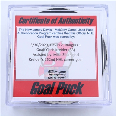 Chris Kreider - New York Rangers - Goal Puck - March 30, 2023 vs. New Jersey Devils (Devils 40th Anniversary Logo)
