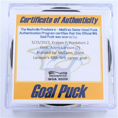 Adam Larsson - Seattle Kraken - Goal Puck - March 25, 2023 vs. Nashville Predators (Predators Logo)
