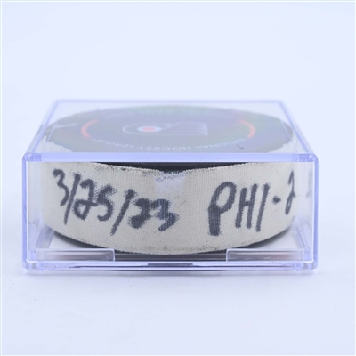 Scott Laughton - Philadelphia Flyers - Goal Puck - March 25, 2023 vs. Detroit Red Wings (Flyers Logo)