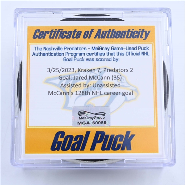 Jared McCann - Seattle Kraken - Goal Puck - March 25, 2023 vs. Nashville Predators (Predators Logo)