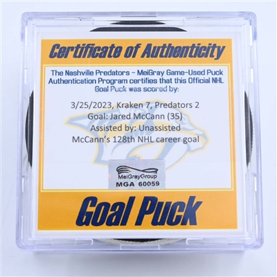 Jared McCann - Seattle Kraken - Goal Puck - March 25, 2023 vs. Nashville Predators (Predators Logo)
