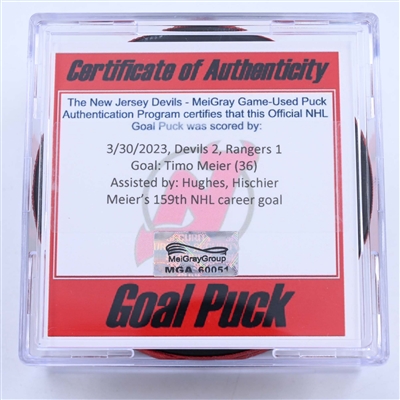 Timo Meier - New Jersey Devils - Goal Puck - March 30, 2023 vs. New York Rangers (Devils 40th Anniversary Logo)