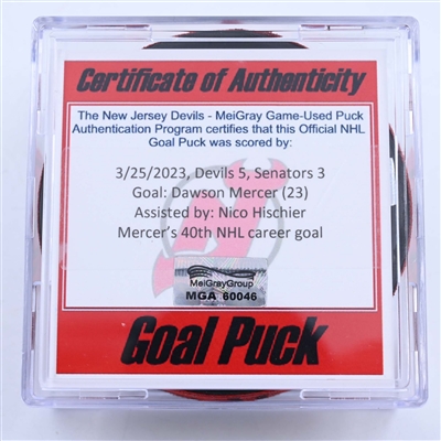 Dawson Mercer - New Jersey Devils - Goal Puck - March 25, 2023 vs. Ottawa Senators (Devils 40th Anniversary Logo)