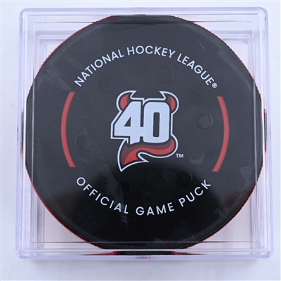 Dawson Mercer - New Jersey Devils - Goal Puck - March 25, 2023 vs. Ottawa Senators (Devils' 40th Anniversary Logo)