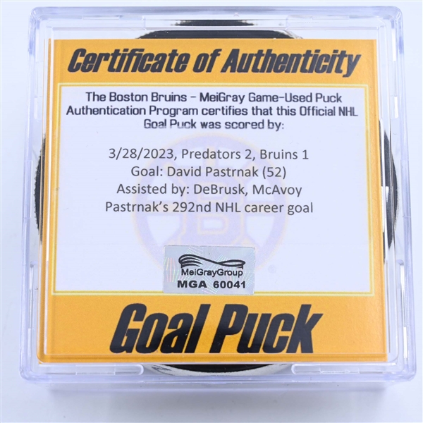 David Pastrnak - Boston Bruins - Goal Puck - March 28, 2023 vs. Nashville Predators (Bruins Logo)