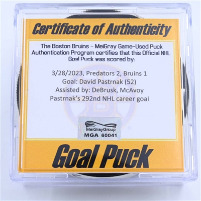 David Pastrnak - Boston Bruins - Goal Puck - March 28, 2023 vs. Nashville Predators (Bruins Logo)