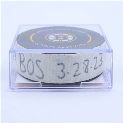 David Pastrnak - Boston Bruins - Goal Puck - March 28, 2023 vs. Nashville Predators (Bruins Logo)