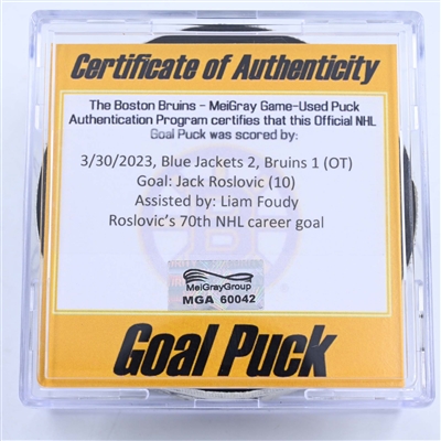 Jack Roslovic - Columbus Blue Jackets - Goal Puck - March 30, 2023 vs. Boston Bruins (Bruins Logo)