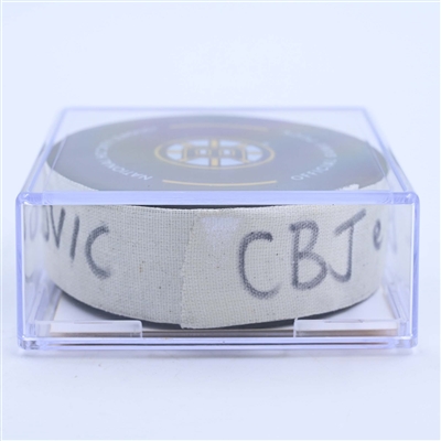 Jack Roslovic - Columbus Blue Jackets - Goal Puck - March 30, 2023 vs. Boston Bruins (Bruins Logo)