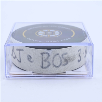 Jack Roslovic - Columbus Blue Jackets - Goal Puck - March 30, 2023 vs. Boston Bruins (Bruins Logo)