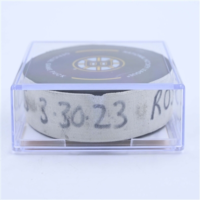Jack Roslovic - Columbus Blue Jackets - Goal Puck - March 30, 2023 vs. Boston Bruins (Bruins Logo)