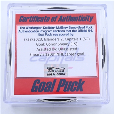 Conor Sheary - Washington Capitals - Goal Puck - March 28, 2023 vs. New York Islanders (Capitals Logo)