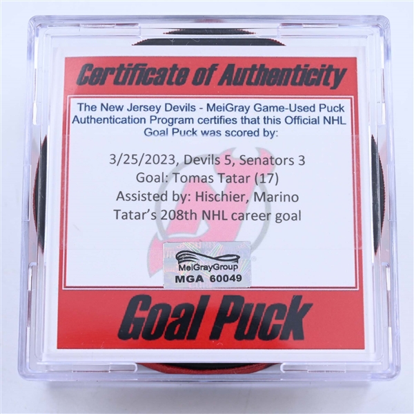 Tomas Tatar - New Jersey Devils - Goal Puck - March 25, 2023 vs. Ottawa Senators (Devils 40th Anniversary Logo)
