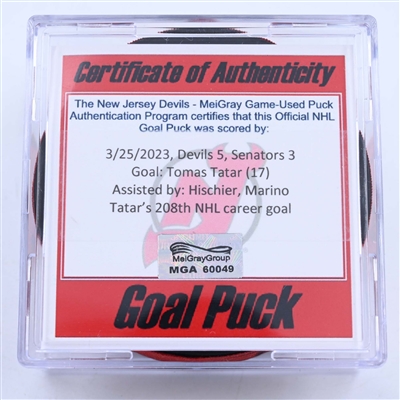 Tomas Tatar - New Jersey Devils - Goal Puck - March 25, 2023 vs. Ottawa Senators (Devils 40th Anniversary Logo)