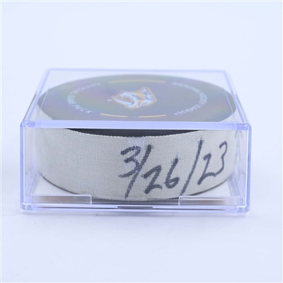 John Tavares - Toronto Maple Leafs - Goal Puck - March 26, 2023 vs. Nashville Predators (Predators Logo)