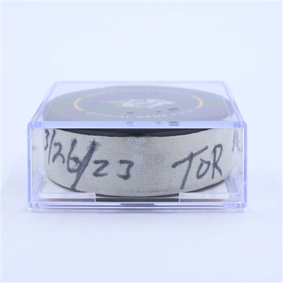 John Tavares - Toronto Maple Leafs - Goal Puck - March 26, 2023 vs. Nashville Predators (Predators Logo)