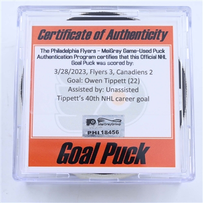 Owen Tippett - Philadelphia Flyers - Goal Puck - March 28, 2023 vs. Montreal Canadiens (Flyers Logo)