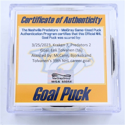 Eeli Tolvanen - Seattle Kraken - Goal Puck - March 25, 2023 vs. Nashville Predators (Predators Logo)