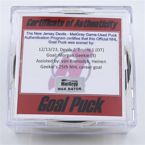 Morgan Geekie - Boston Bruins - Goal Puck - December 13, 2023 vs. New Jersey Devils (Devils Logo)