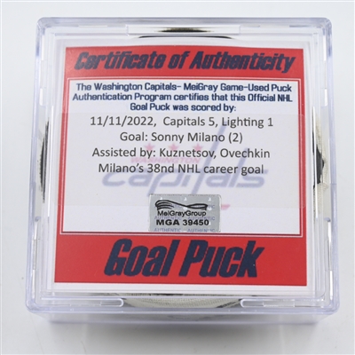 Sonny Milano - Washington Capitals - Goal Puck - November 11, 2022 vs. Tampa Bay Lightning (Capitals Logo)  (Ovechkin Assist)